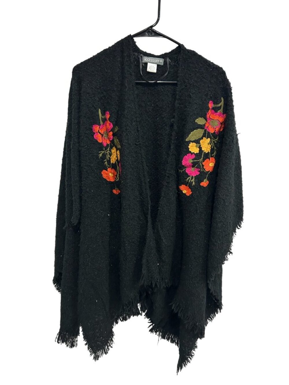 Accessory St One Size Black Floral Embroidered Fringe Poncho Boho Chic